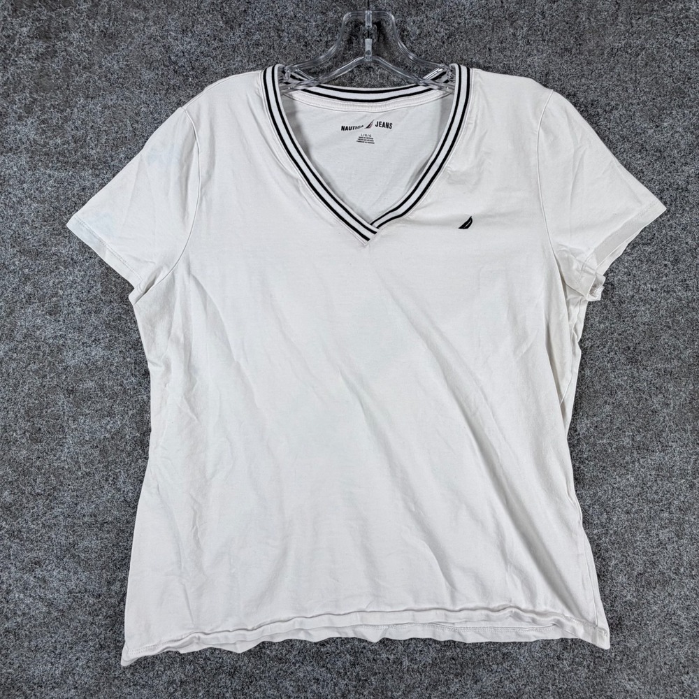 Nautica Jeans T-Shirt Womens L White Navy Stripe-Trim V-Neck‎ Supersoft Stretch